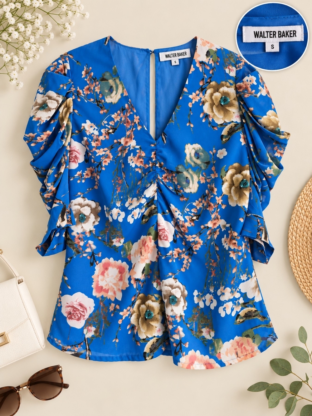 Walter Baker Floral Print V-Neck Blouse With Ruching, Size Small